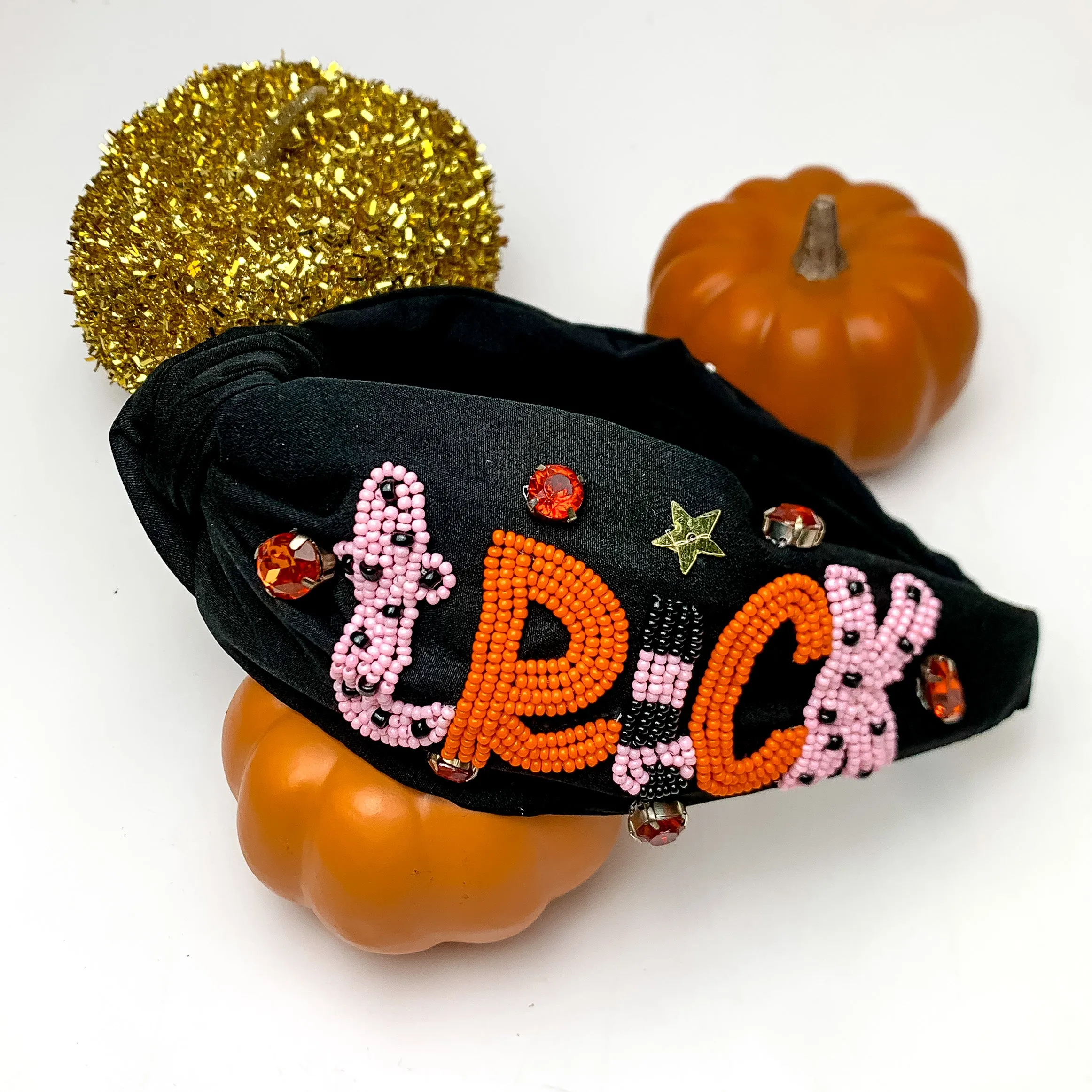 "Trick or Treat" Orange and Pink Beaded Headband in Black