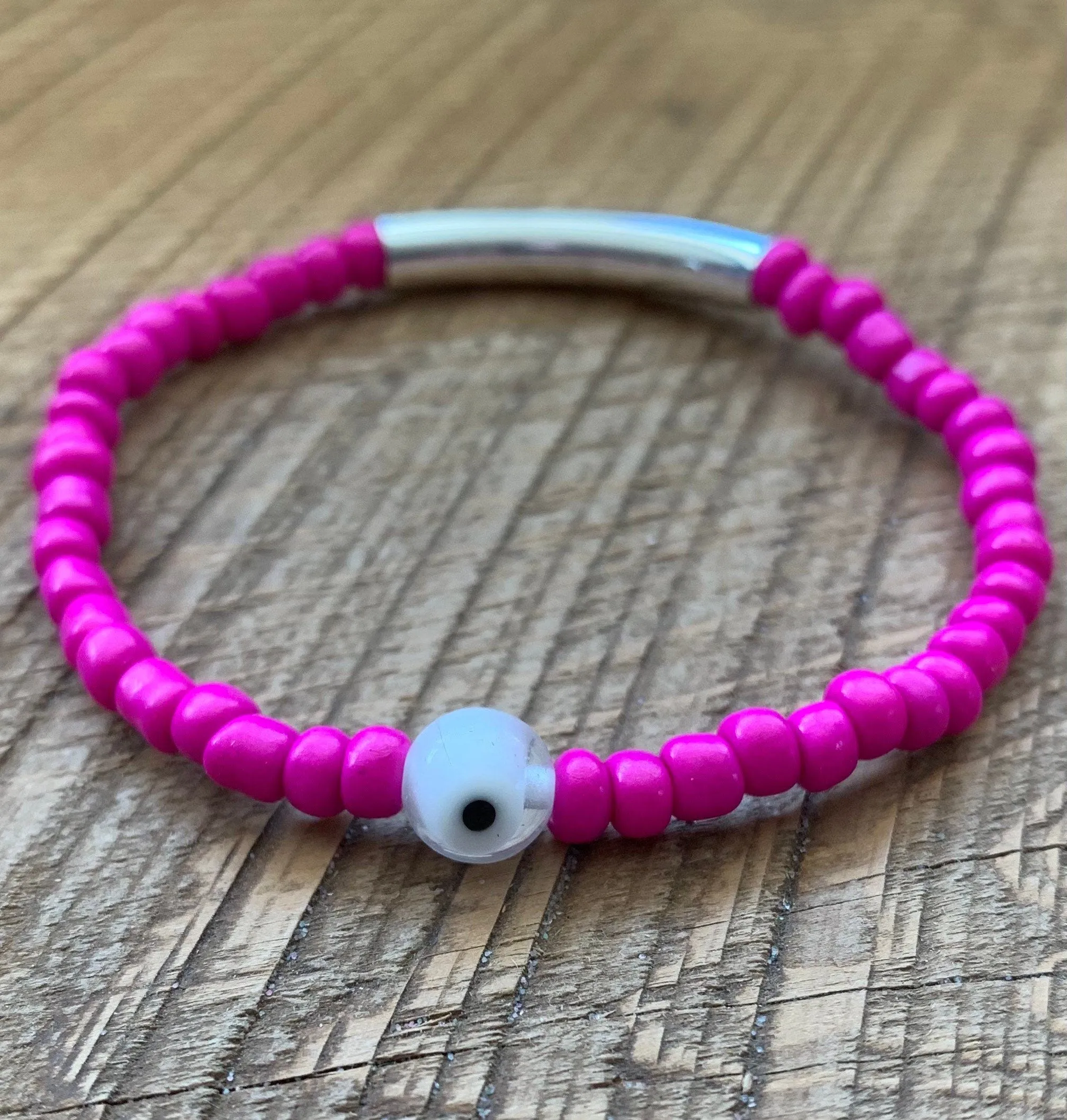 SariBlue® Bright Monochromatic Stackable Glass Bead Bracelet with Evil Eye