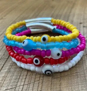 SariBlue® Bright Monochromatic Stackable Glass Bead Bracelet with Evil Eye