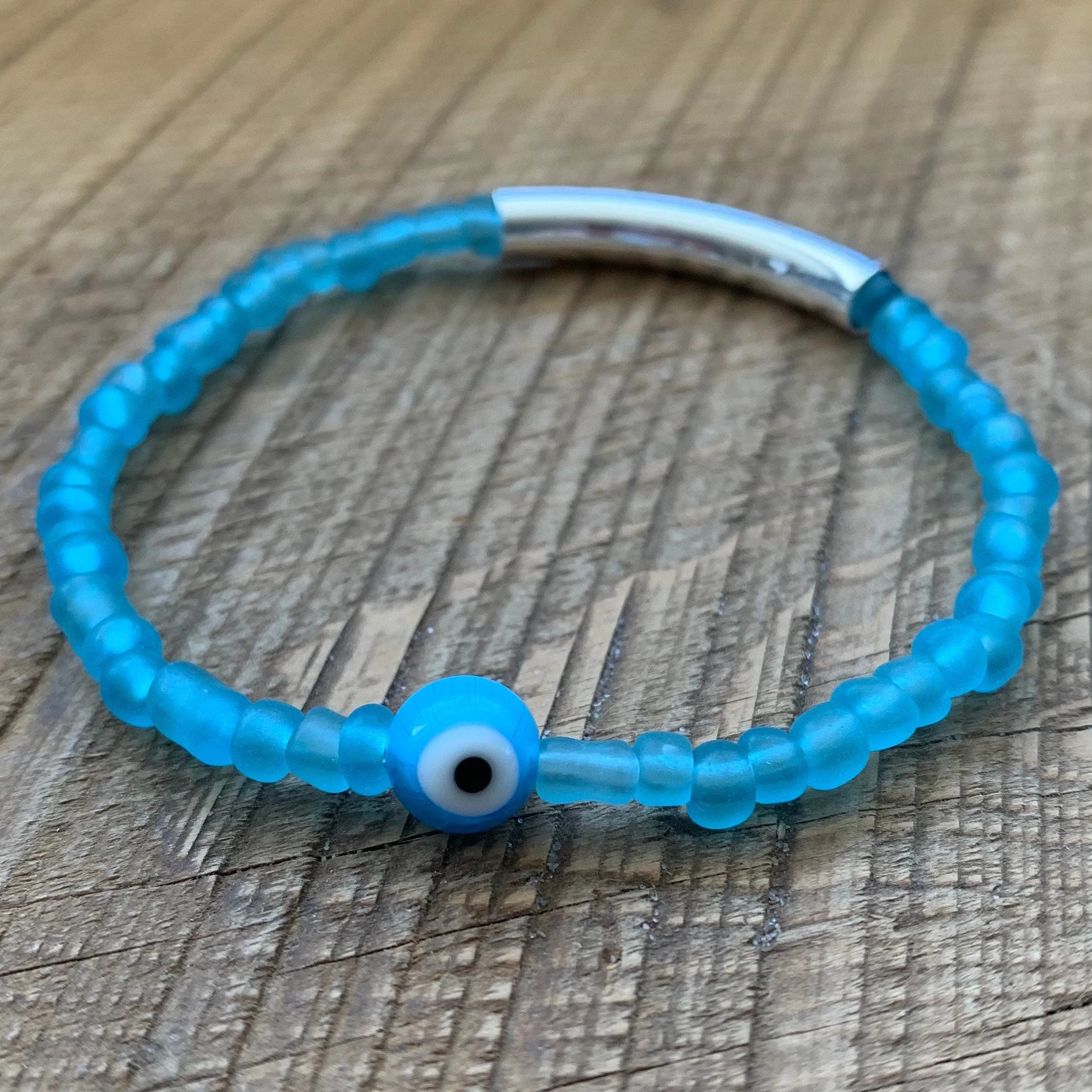 SariBlue® Bright Monochromatic Stackable Glass Bead Bracelet with Evil Eye