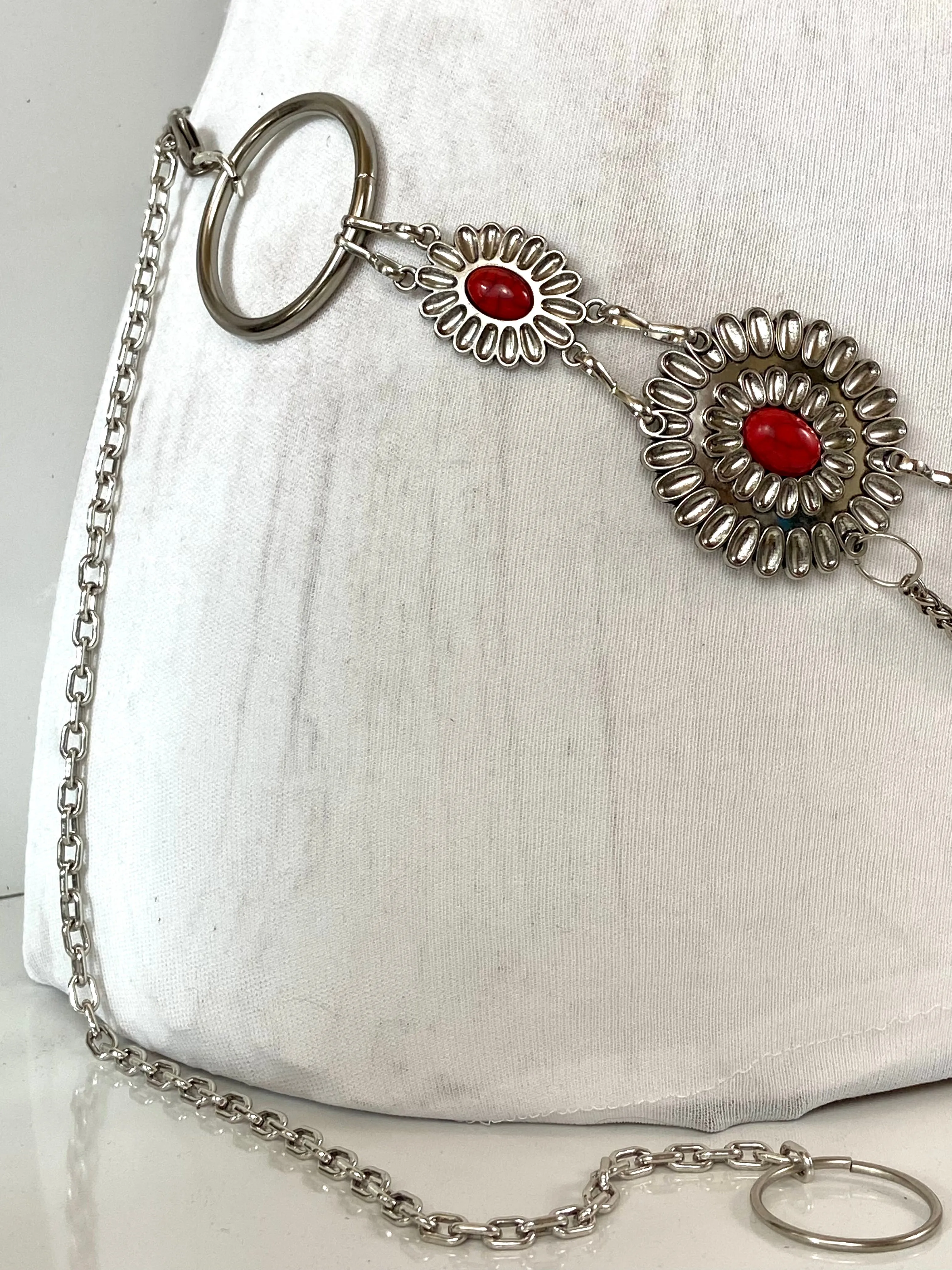 Silver red tone waist belt