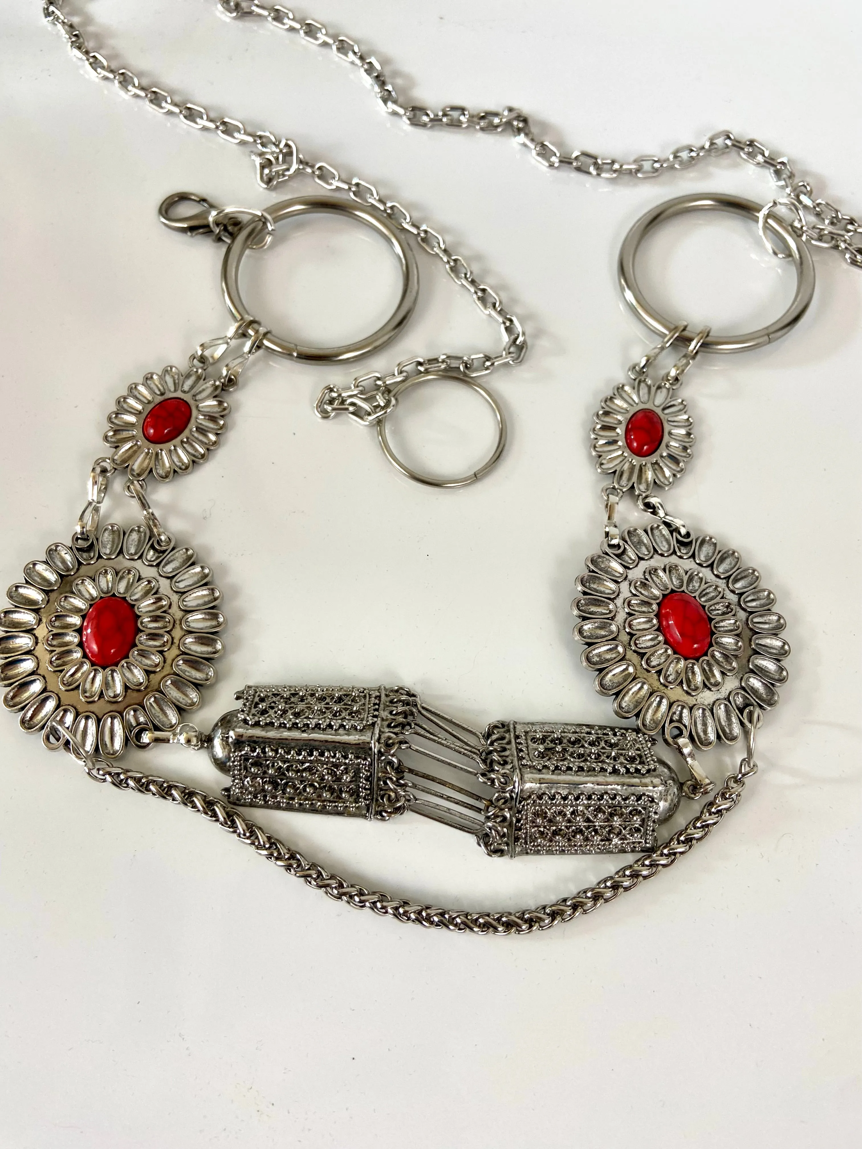 Silver red tone waist belt