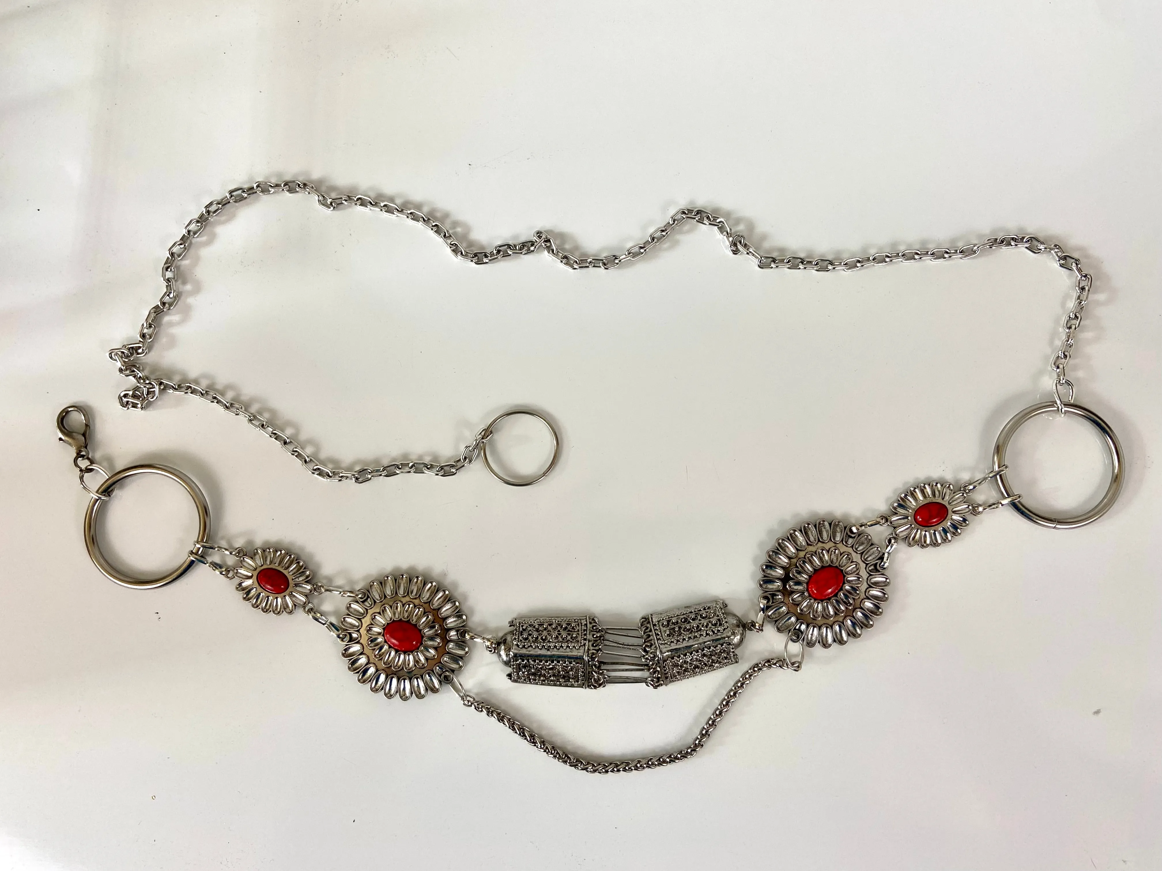 Silver red tone waist belt