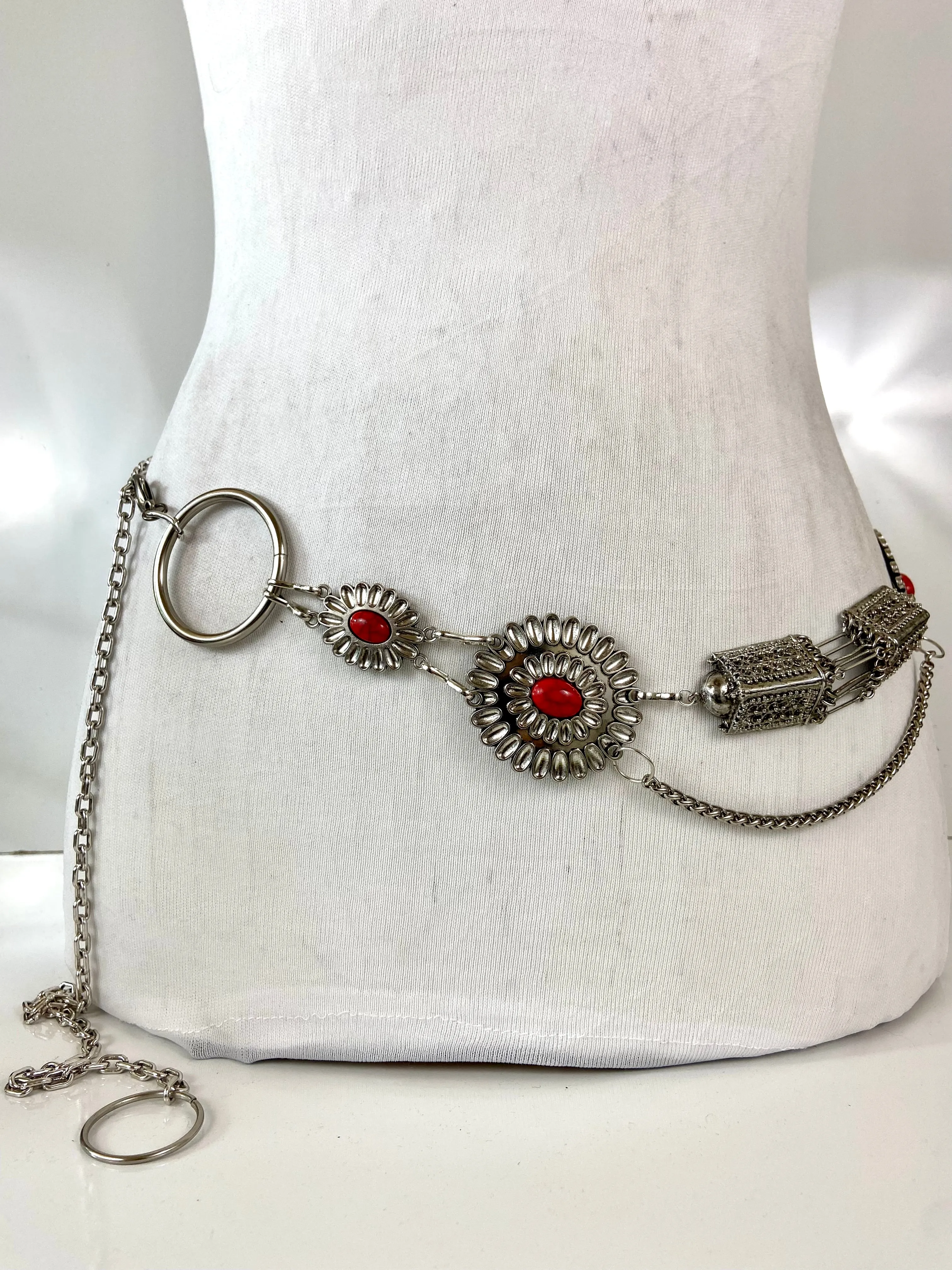 Silver red tone waist belt