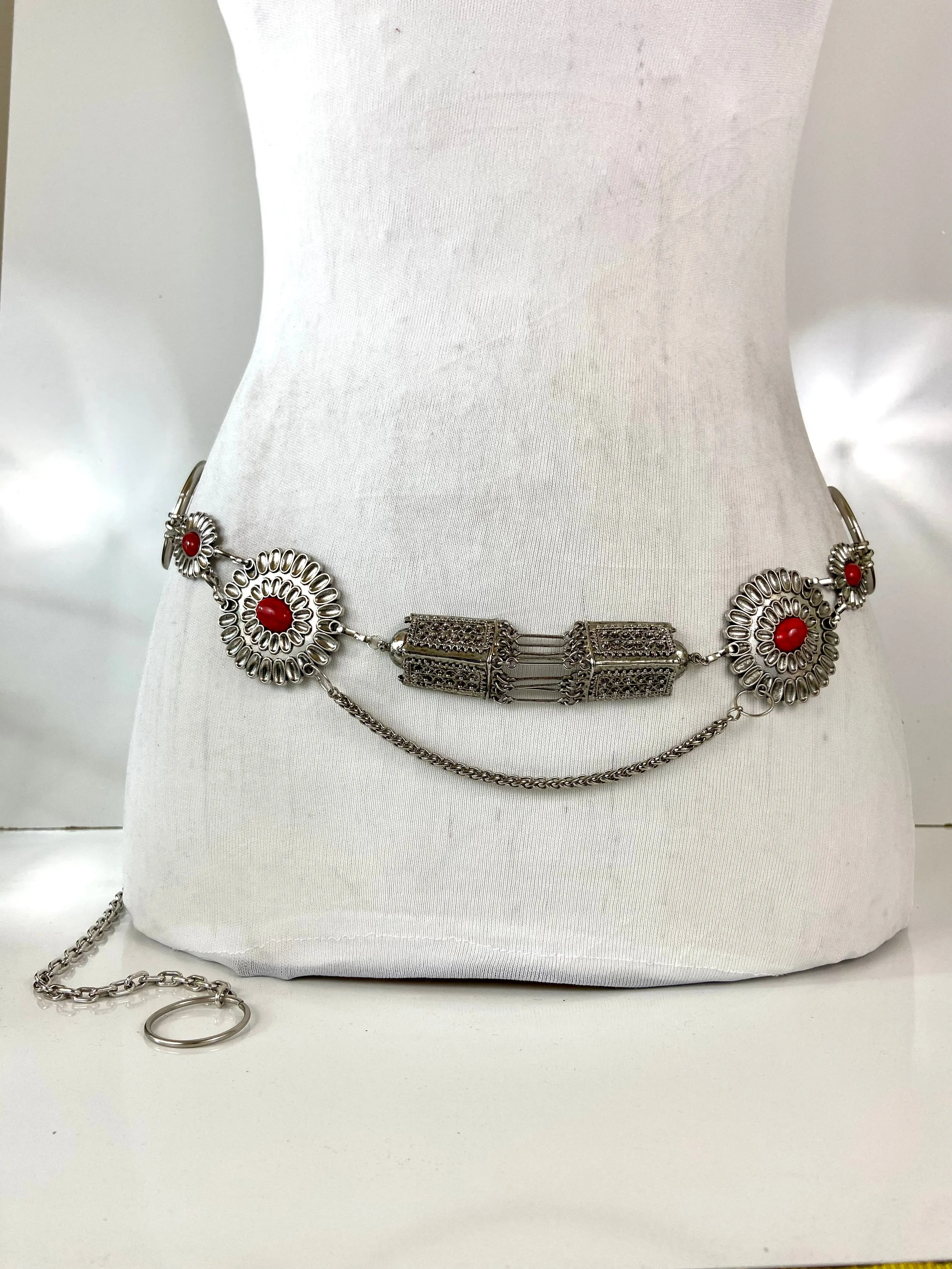 Silver red tone waist belt