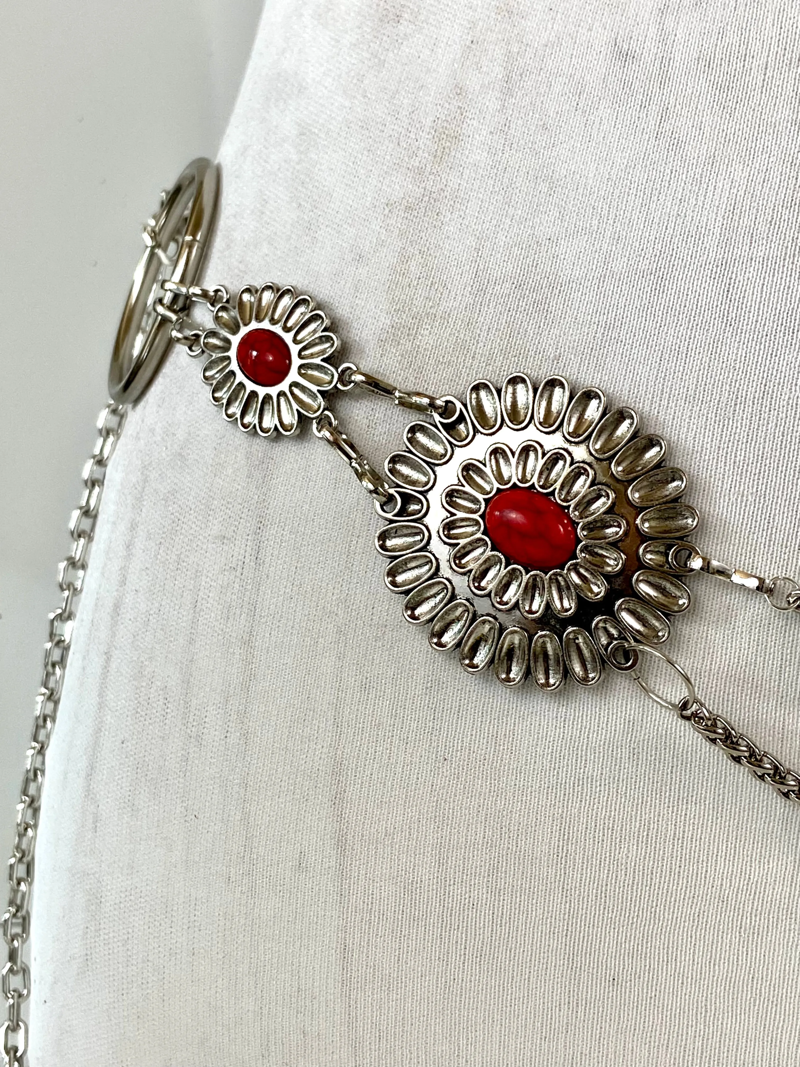 Silver red tone waist belt