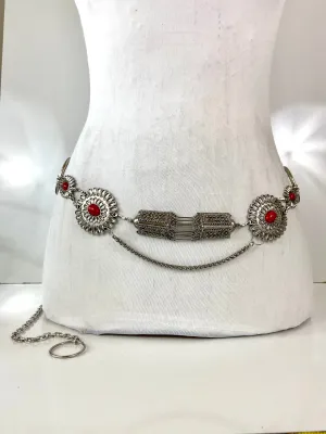 Silver red tone waist belt