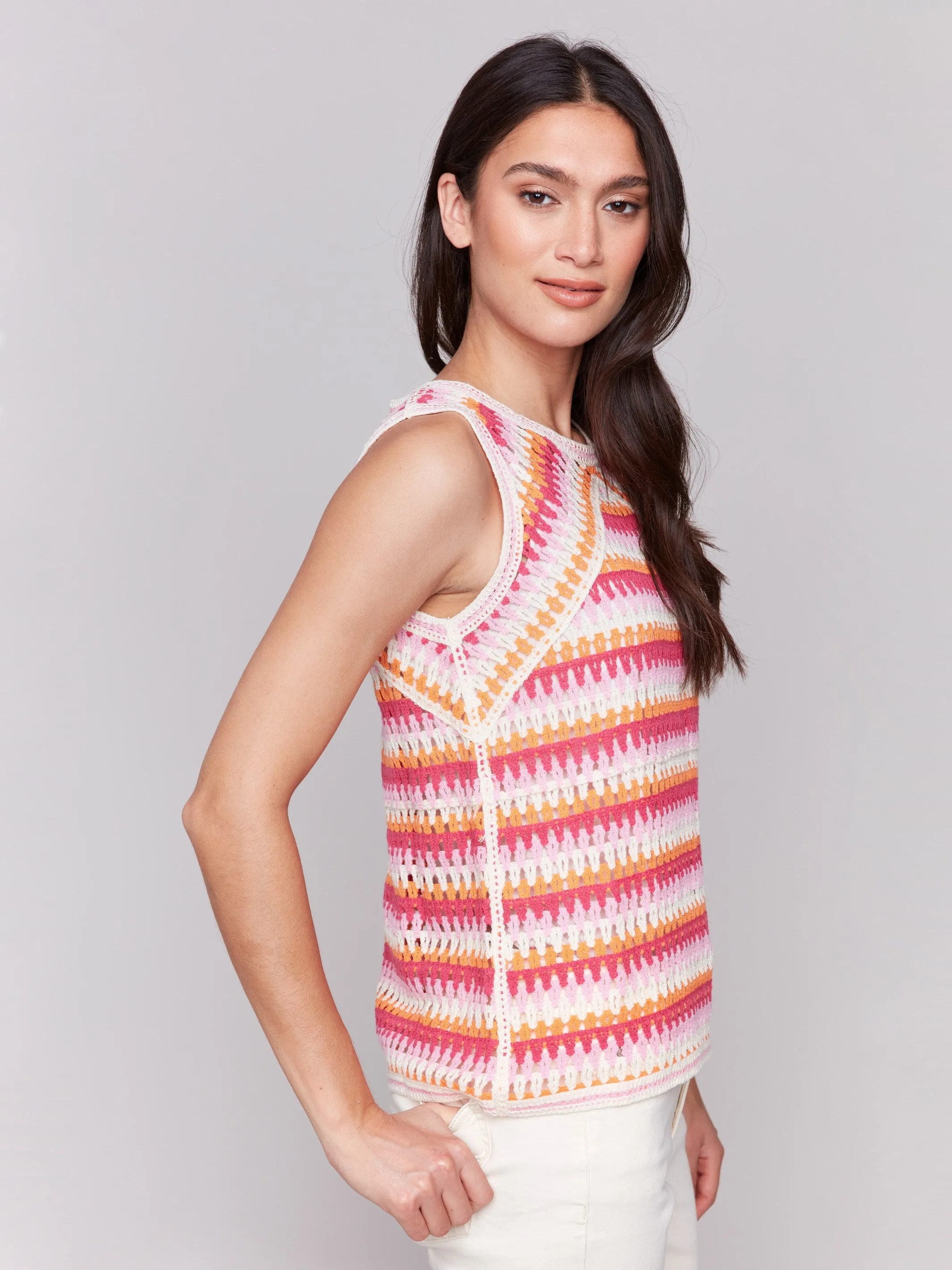Sleeveless Crochet Crew Neck Top - Begonia