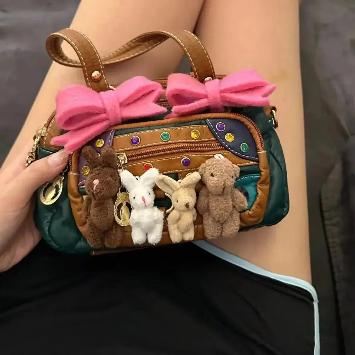 Sohiwoo Retro Fashion Cute Bear Kawaii Bow Storage Handbag Shoulder Bag Woman Bags Messenger Bag Mini Bag Purses Tote Bags