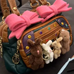 Sohiwoo Retro Fashion Cute Bear Kawaii Bow Storage Handbag Shoulder Bag Woman Bags Messenger Bag Mini Bag Purses Tote Bags