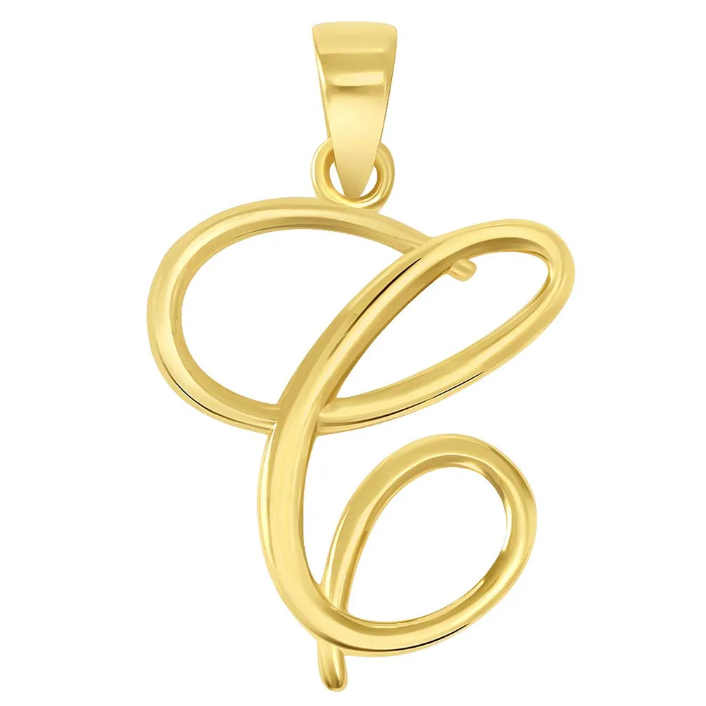 Solid 14k Yellow Gold Elegant Script Letter Cursive Initial Pendant - A to Z