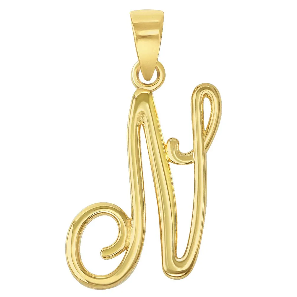 Solid 14k Yellow Gold Elegant Script Letter Cursive Initial Pendant - A to Z