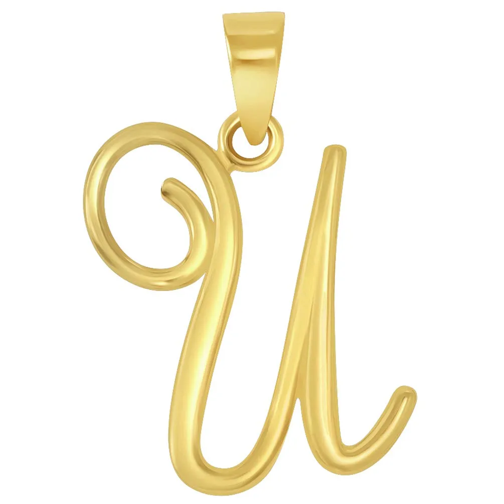 Solid 14k Yellow Gold Elegant Script Letter Cursive Initial Pendant - A to Z