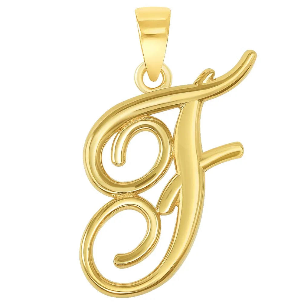 Solid 14k Yellow Gold Elegant Script Letter Cursive Initial Pendant - A to Z