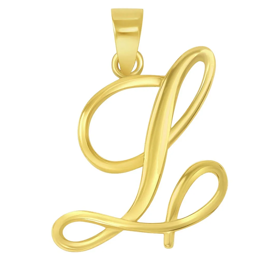 Solid 14k Yellow Gold Elegant Script Letter Cursive Initial Pendant - A to Z