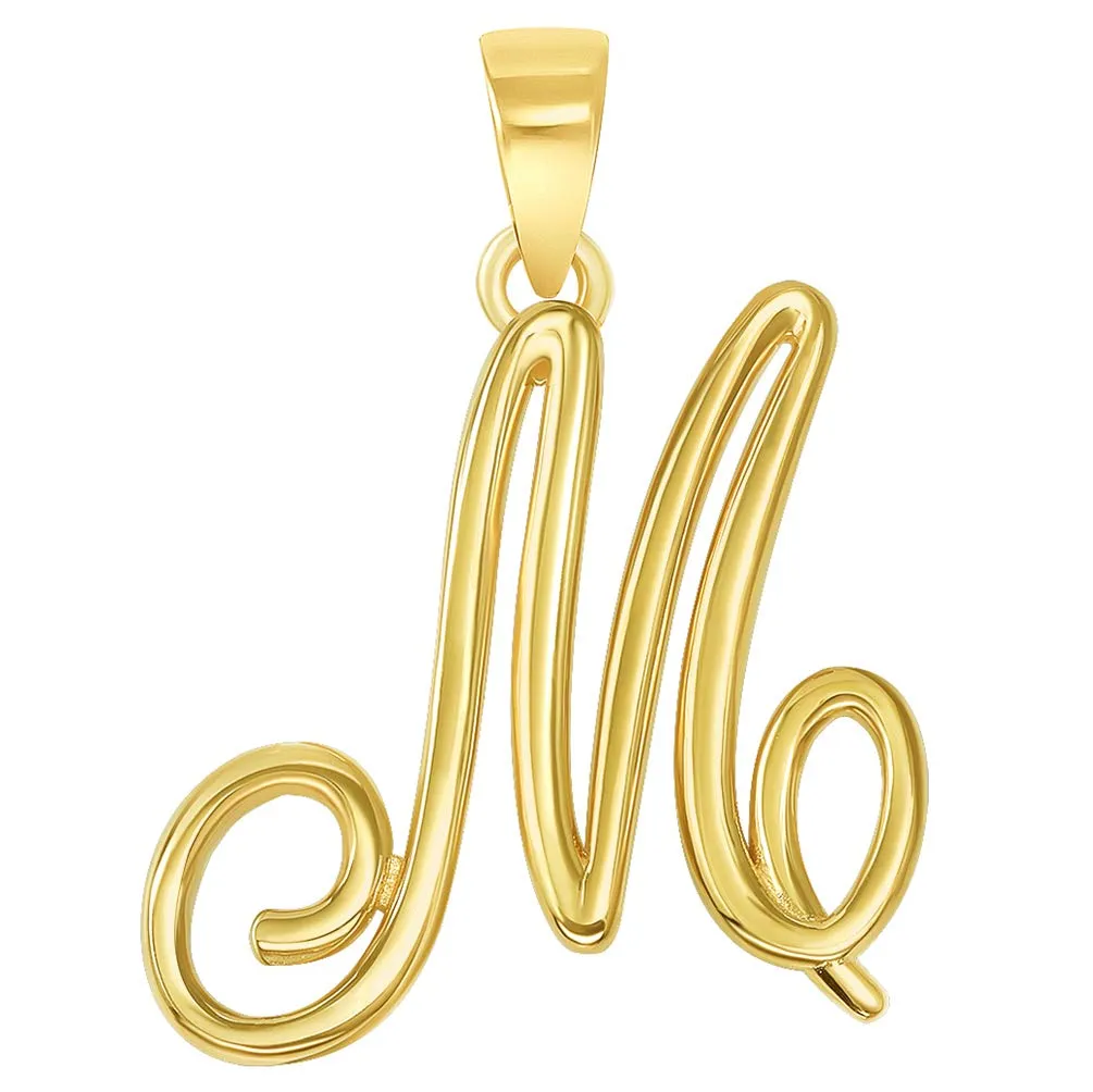 Solid 14k Yellow Gold Elegant Script Letter Cursive Initial Pendant - A to Z