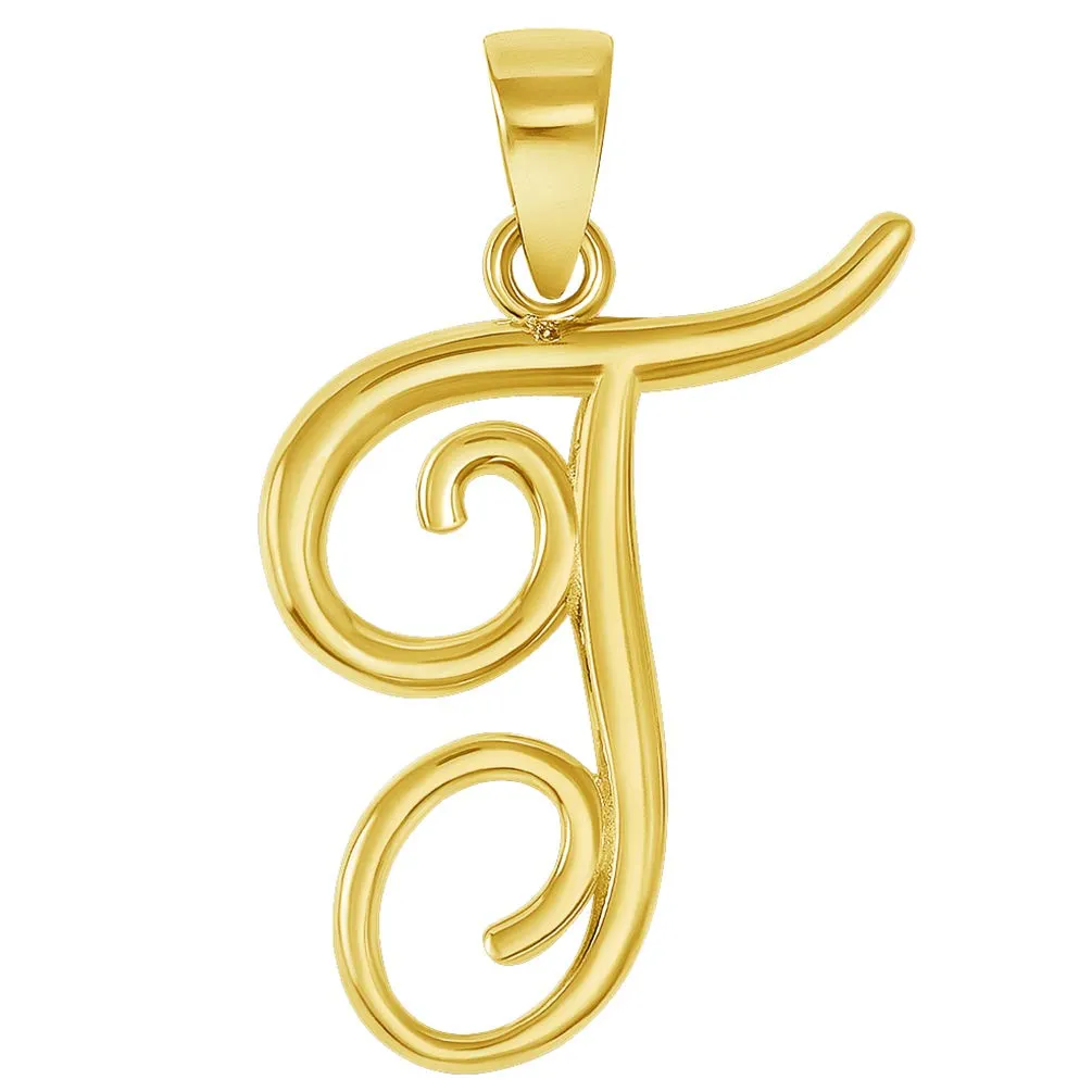 Solid 14k Yellow Gold Elegant Script Letter Cursive Initial Pendant - A to Z