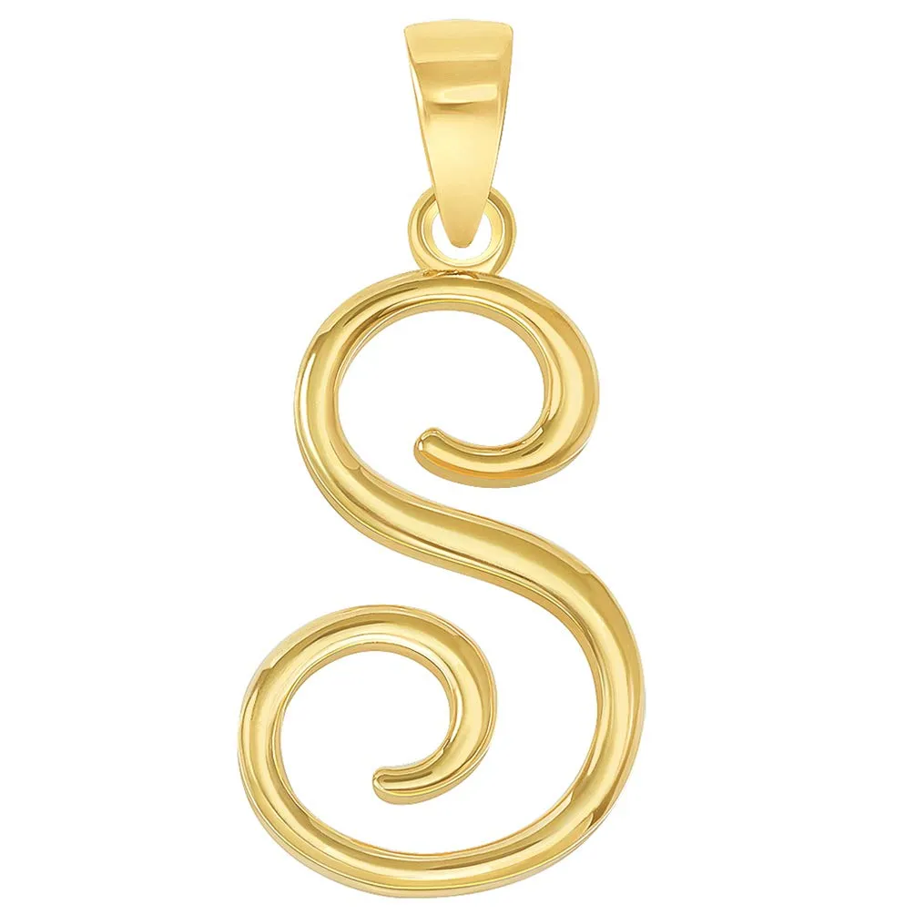 Solid 14k Yellow Gold Elegant Script Letter Cursive Initial Pendant - A to Z