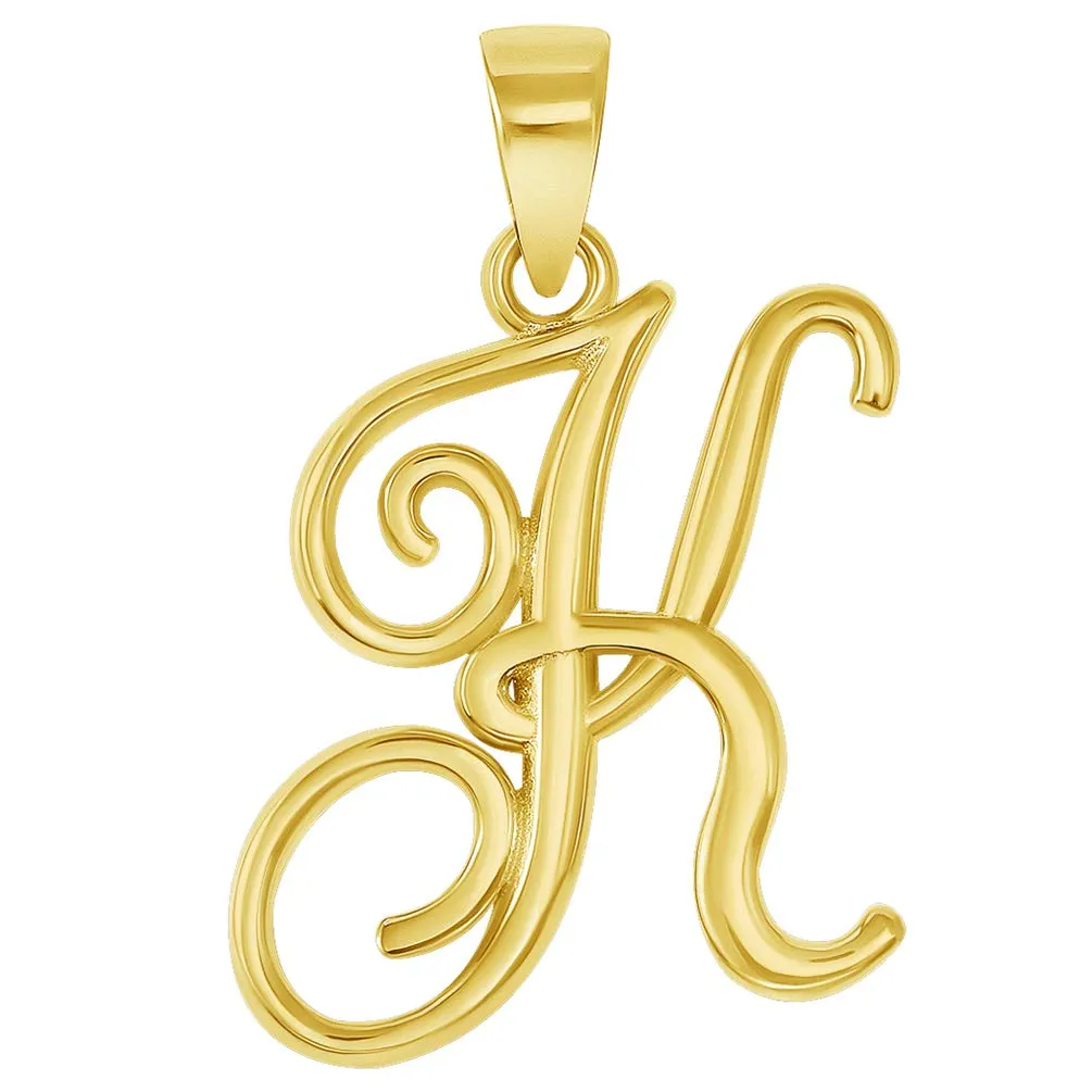 Solid 14k Yellow Gold Elegant Script Letter Cursive Initial Pendant - A to Z