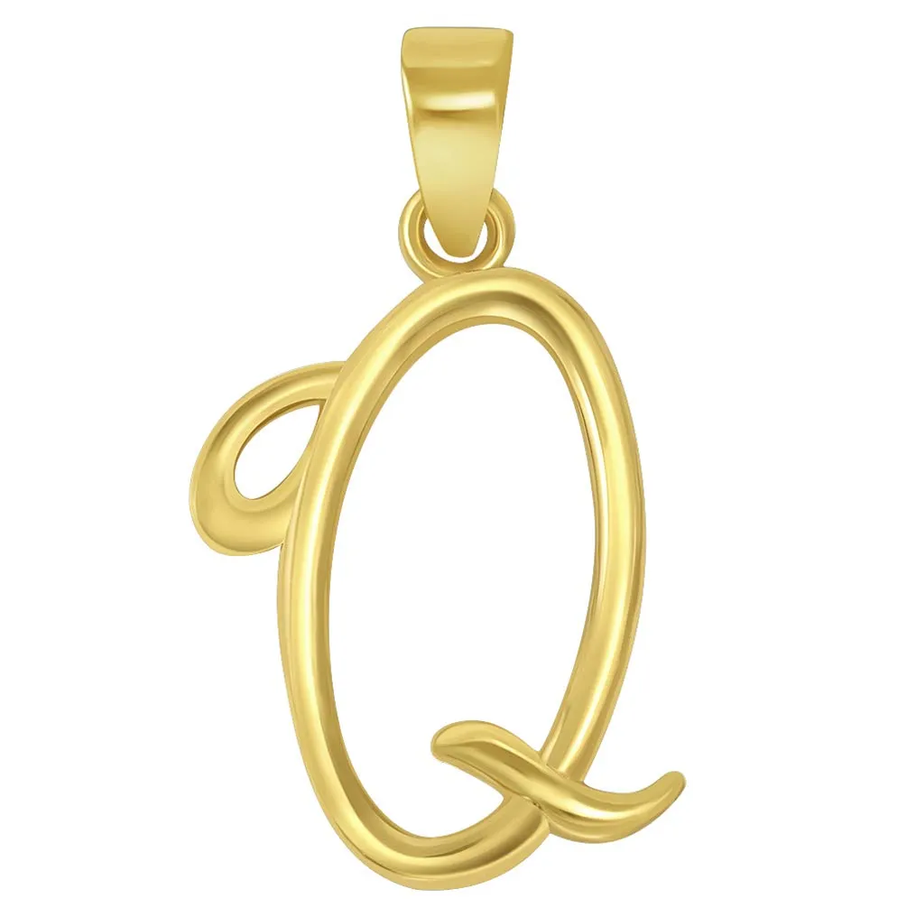 Solid 14k Yellow Gold Elegant Script Letter Cursive Initial Pendant - A to Z