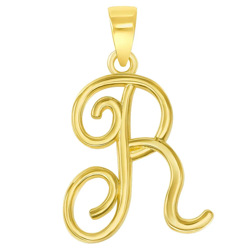 Solid 14k Yellow Gold Elegant Script Letter Cursive Initial Pendant - A to Z