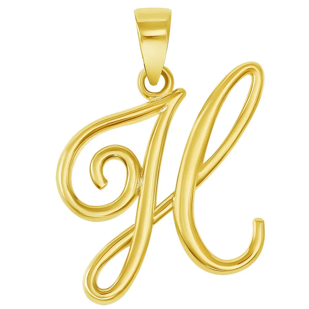 Solid 14k Yellow Gold Elegant Script Letter Cursive Initial Pendant - A to Z