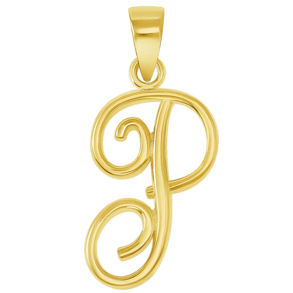 Solid 14k Yellow Gold Elegant Script Letter Cursive Initial Pendant - A to Z