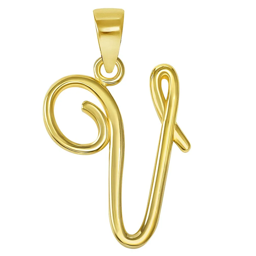 Solid 14k Yellow Gold Elegant Script Letter Cursive Initial Pendant - A to Z