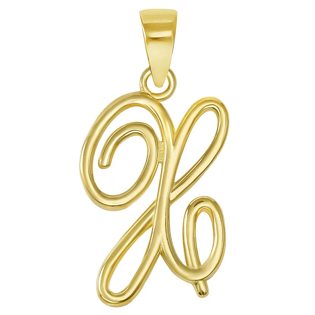 Solid 14k Yellow Gold Elegant Script Letter Cursive Initial Pendant - A to Z