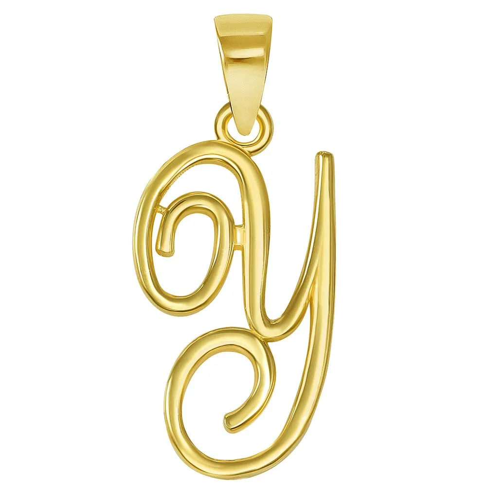 Solid 14k Yellow Gold Elegant Script Letter Cursive Initial Pendant - A to Z