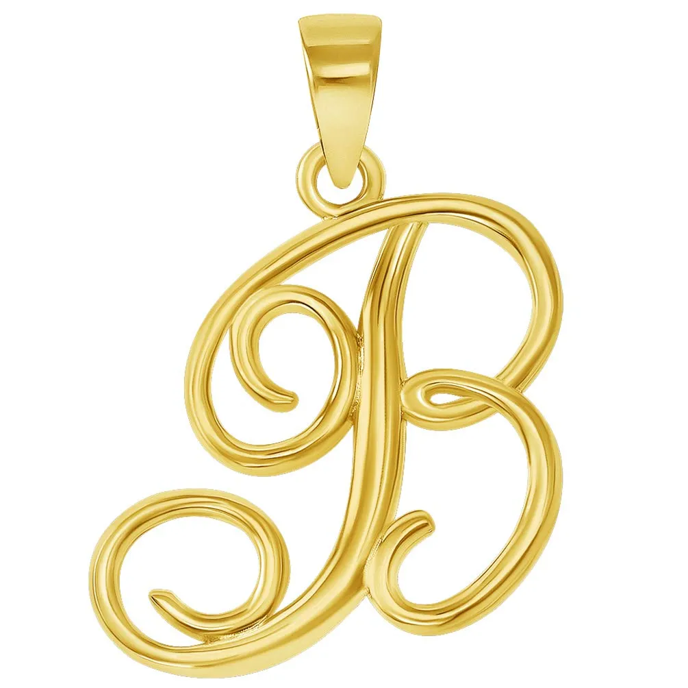Solid 14k Yellow Gold Elegant Script Letter Cursive Initial Pendant - A to Z