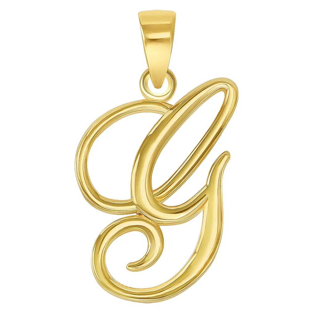 Solid 14k Yellow Gold Elegant Script Letter Cursive Initial Pendant - A to Z