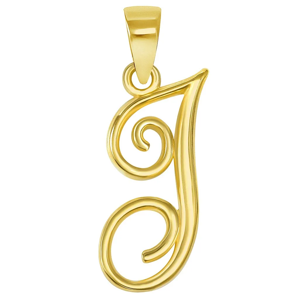 Solid 14k Yellow Gold Elegant Script Letter Cursive Initial Pendant - A to Z