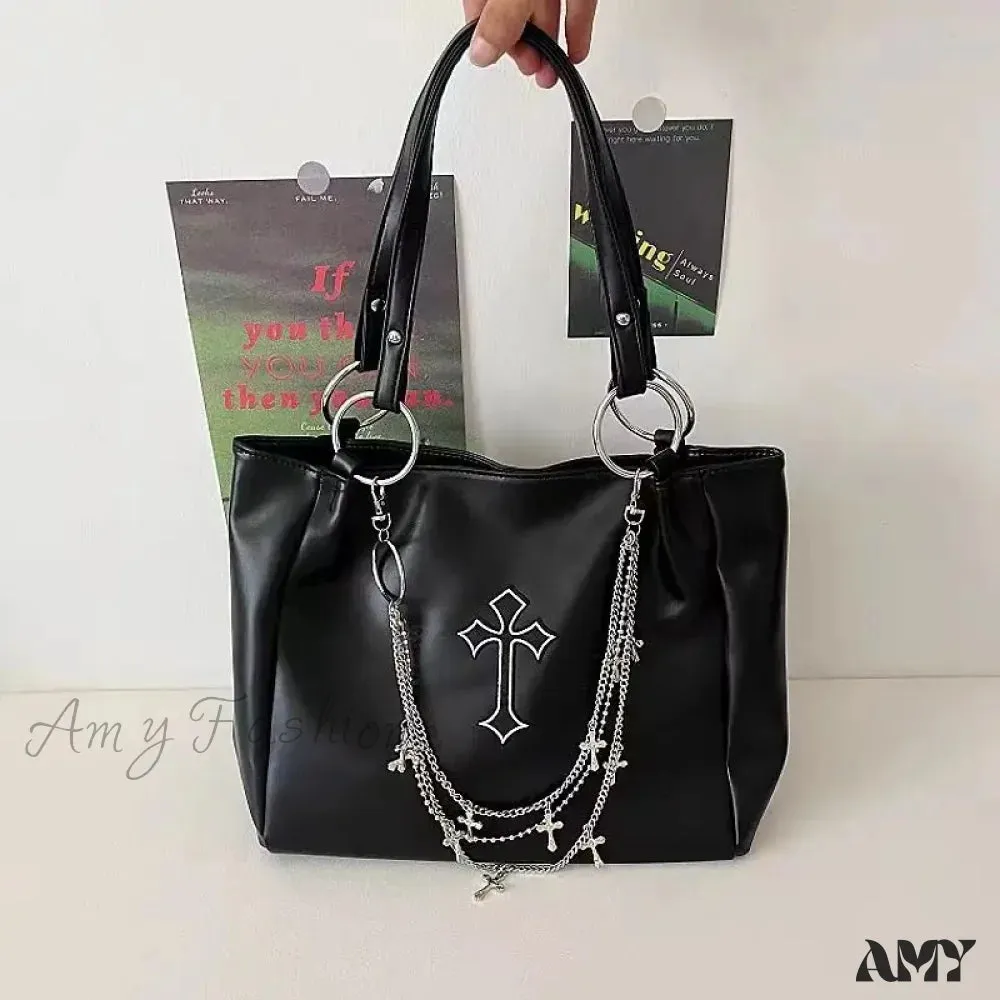 Tote Grunge Capacity Y2K Vintage Gothic PU Bag Leather Cross Large
