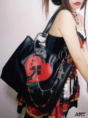 Tote Grunge Capacity Y2K Vintage Gothic PU Bag Leather Cross Large