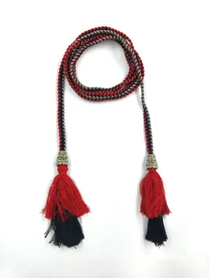 Tricolor Braided Cotton Cord Rope Waist Belt With Tassel and Silver Curved Beads