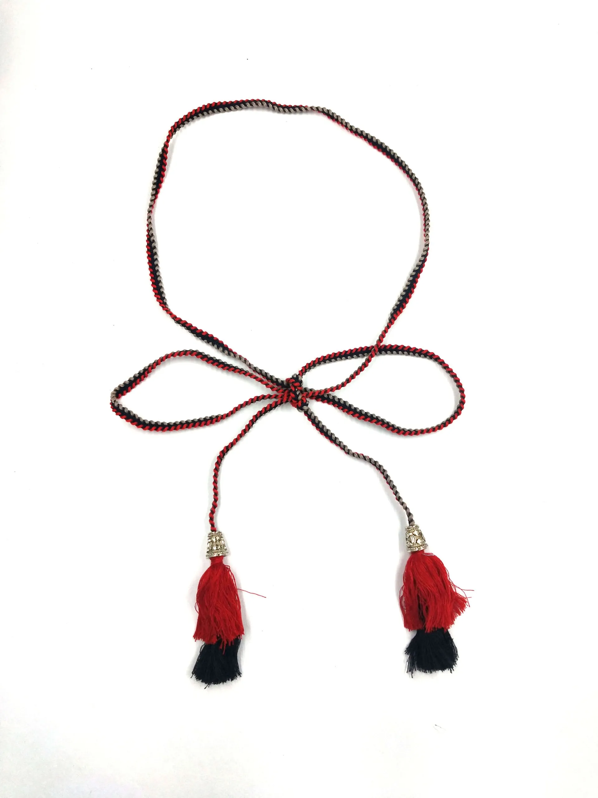 Tricolor Braided Cotton Cord Rope Waist Belt With Tassel and Silver Curved Beads