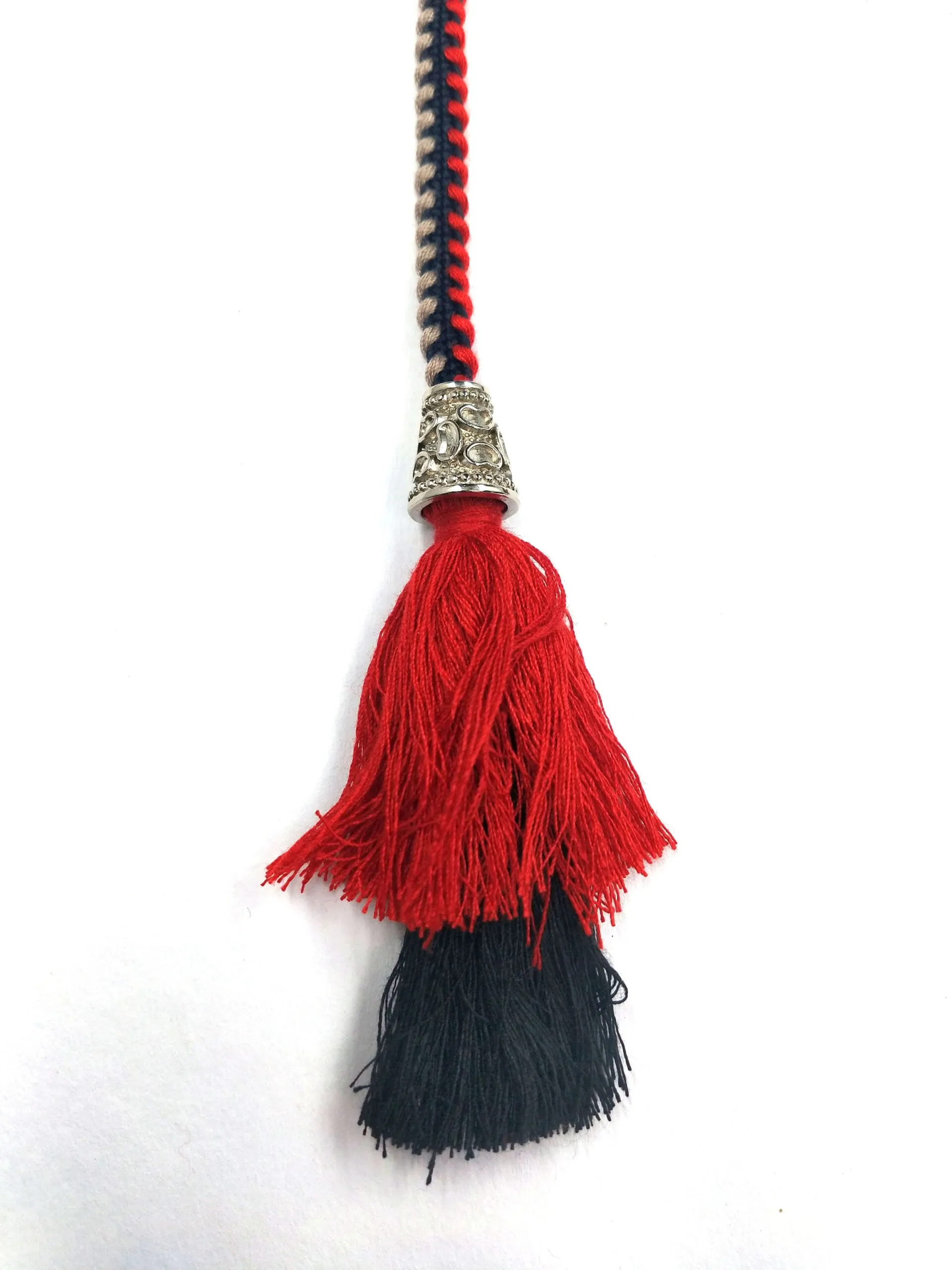 Tricolor Braided Cotton Cord Rope Waist Belt With Tassel and Silver Curved Beads