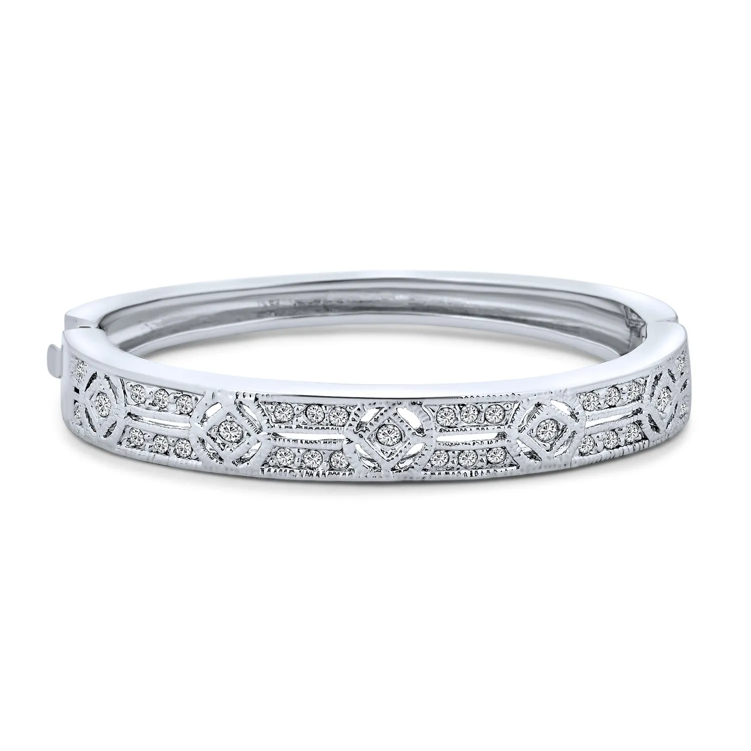 Vintage Deco Style Bangle Bracelet with Cubic Zirconia in Silver Tone Brass