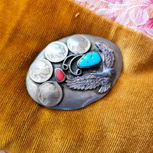 Vintage Southwestern Belt Buckle with Turquoise and Coral Inlay