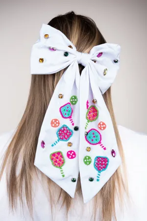 Viola White Pickle Ball Seed Bead Hair Bow Barrette