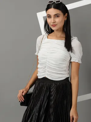 Women Square Neck Solid White Blouson Top