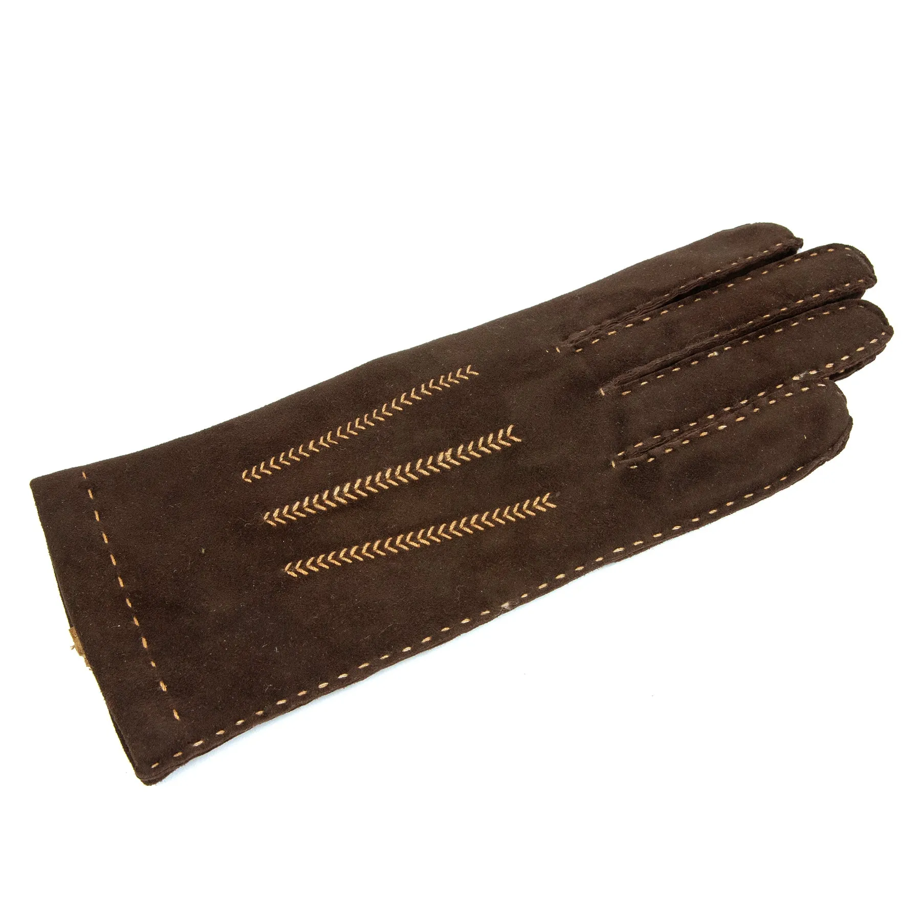 Women's classic brown suede leather gloves entirely hand-sewn with cashmere lining